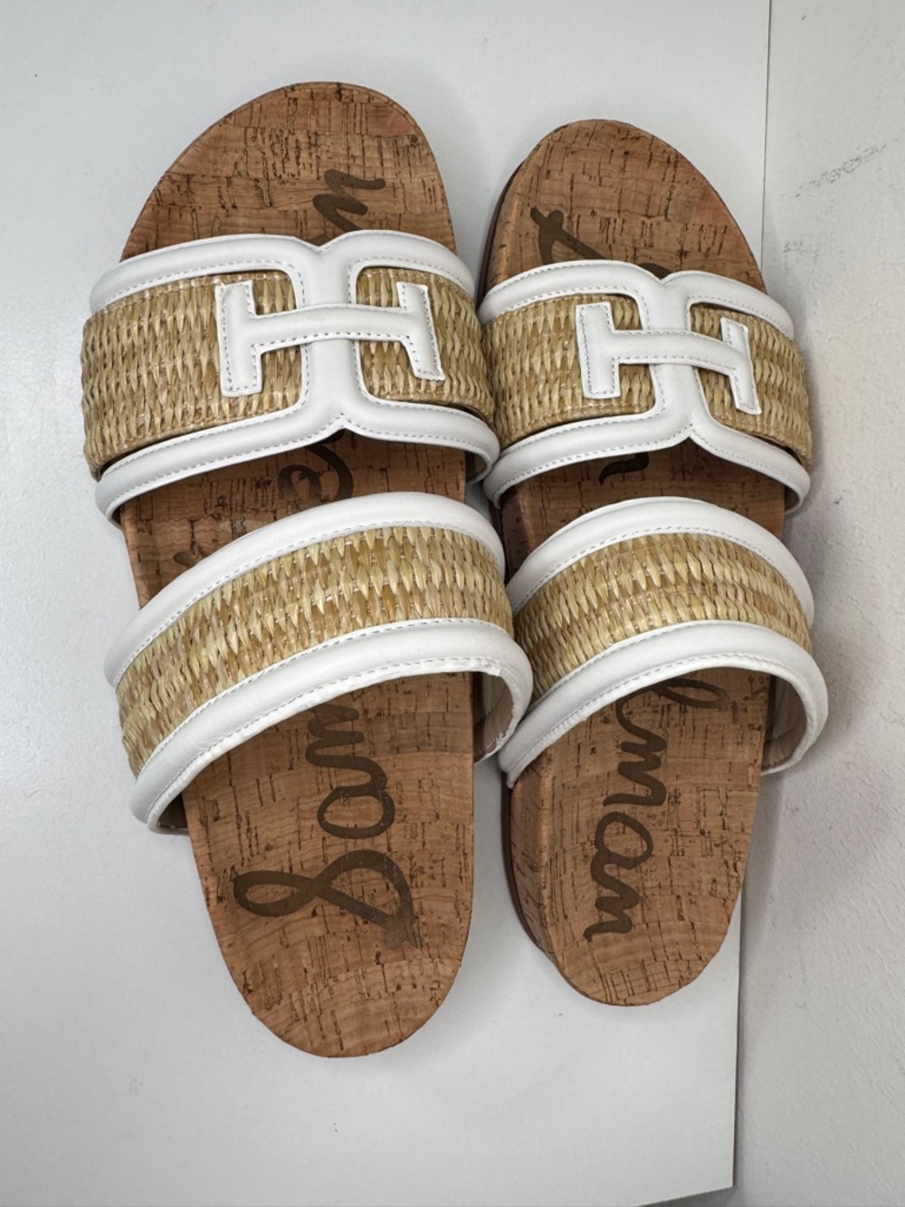 Sam Edelman White Natural Raffia Cork Slide Sandals Womens Summer Resort - Picture 9 of 11